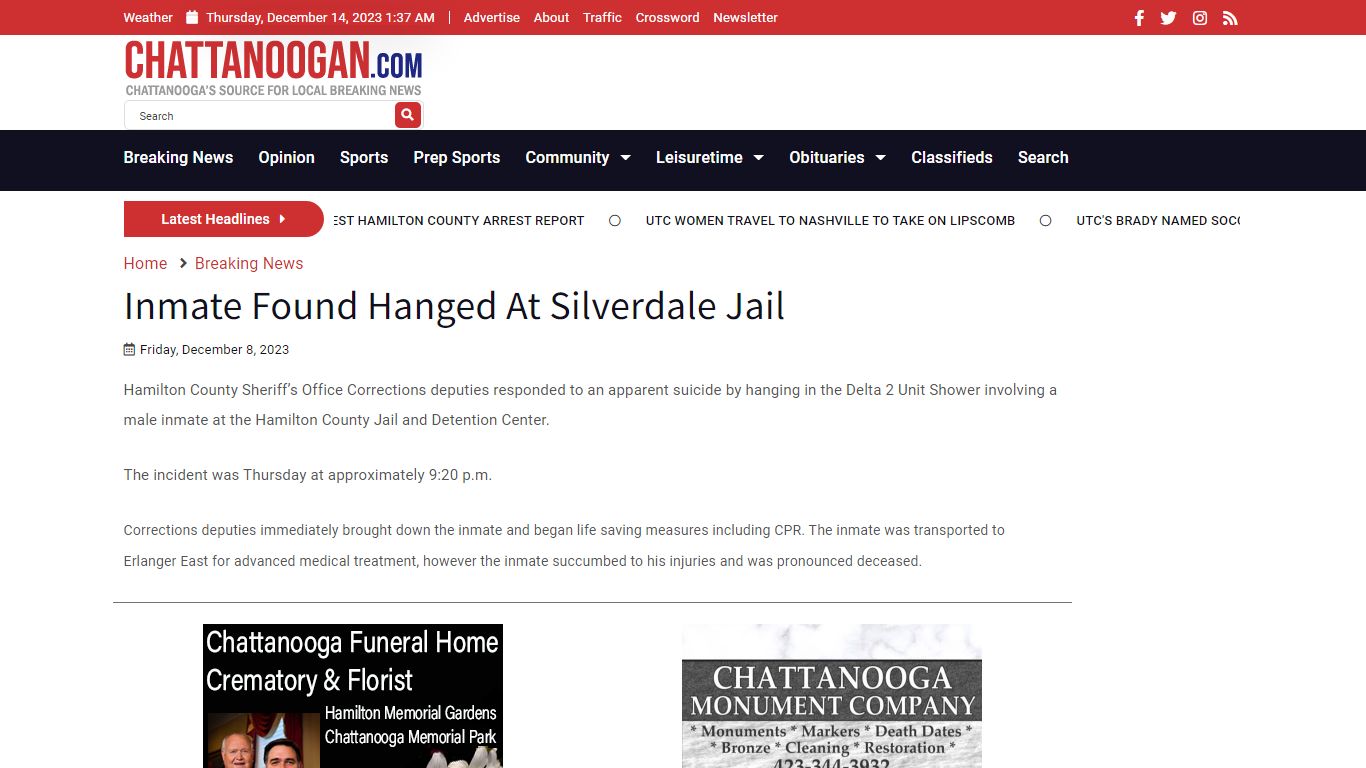Inmate Found Hanged At Silverdale Jail - Chattanoogan.com